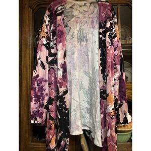 Avenue Women's Long Sleeve Cardigan Duster Size 26-28 Floral Black Pink Festival
